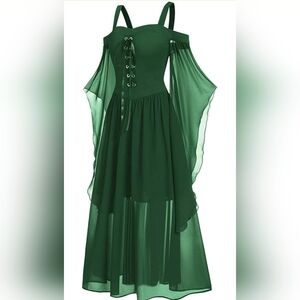Green Butterfly Sleeve Dress with Lace-Up Front